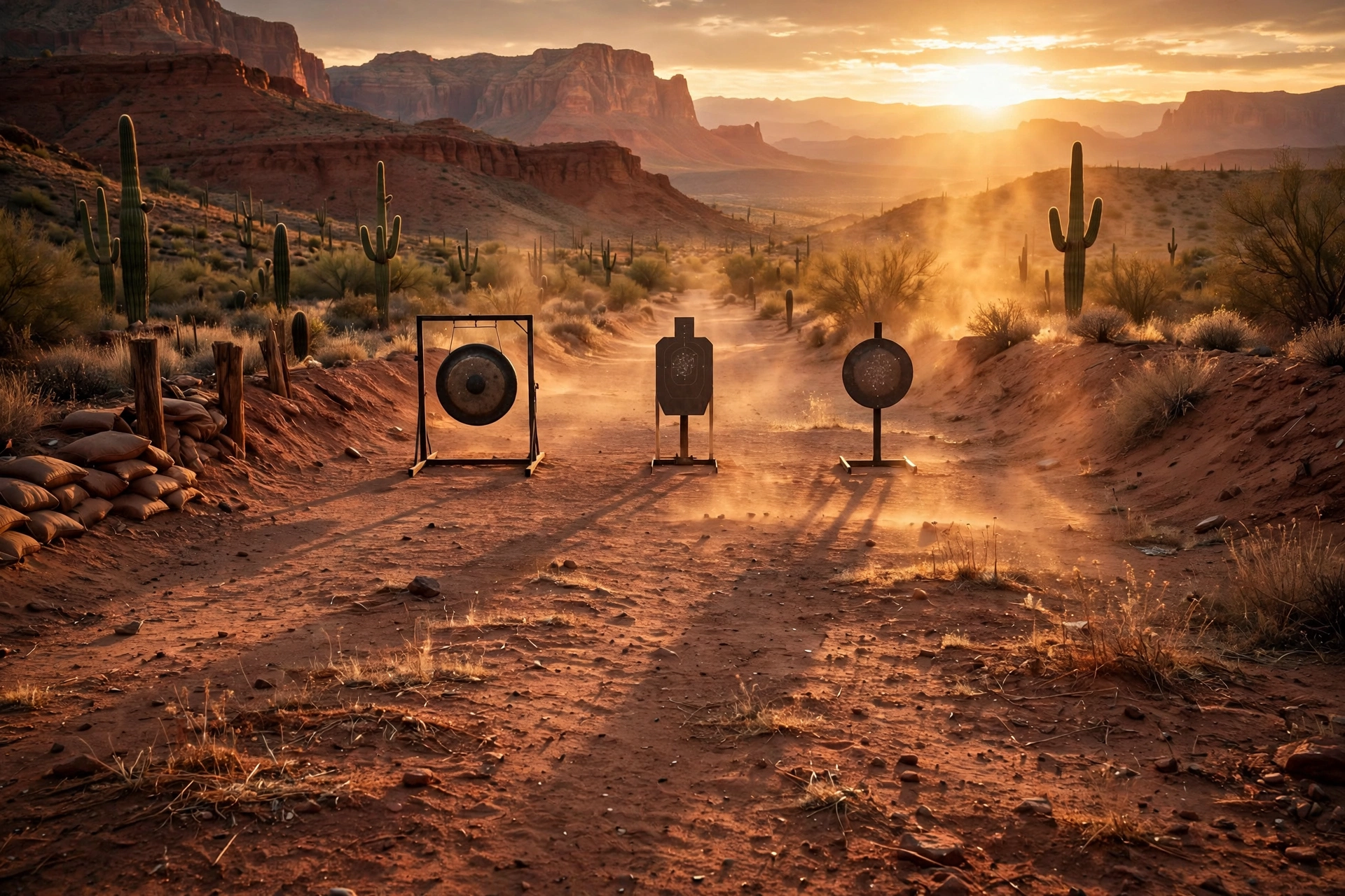 Steel targets on a desert range at sunset, dust in golden light