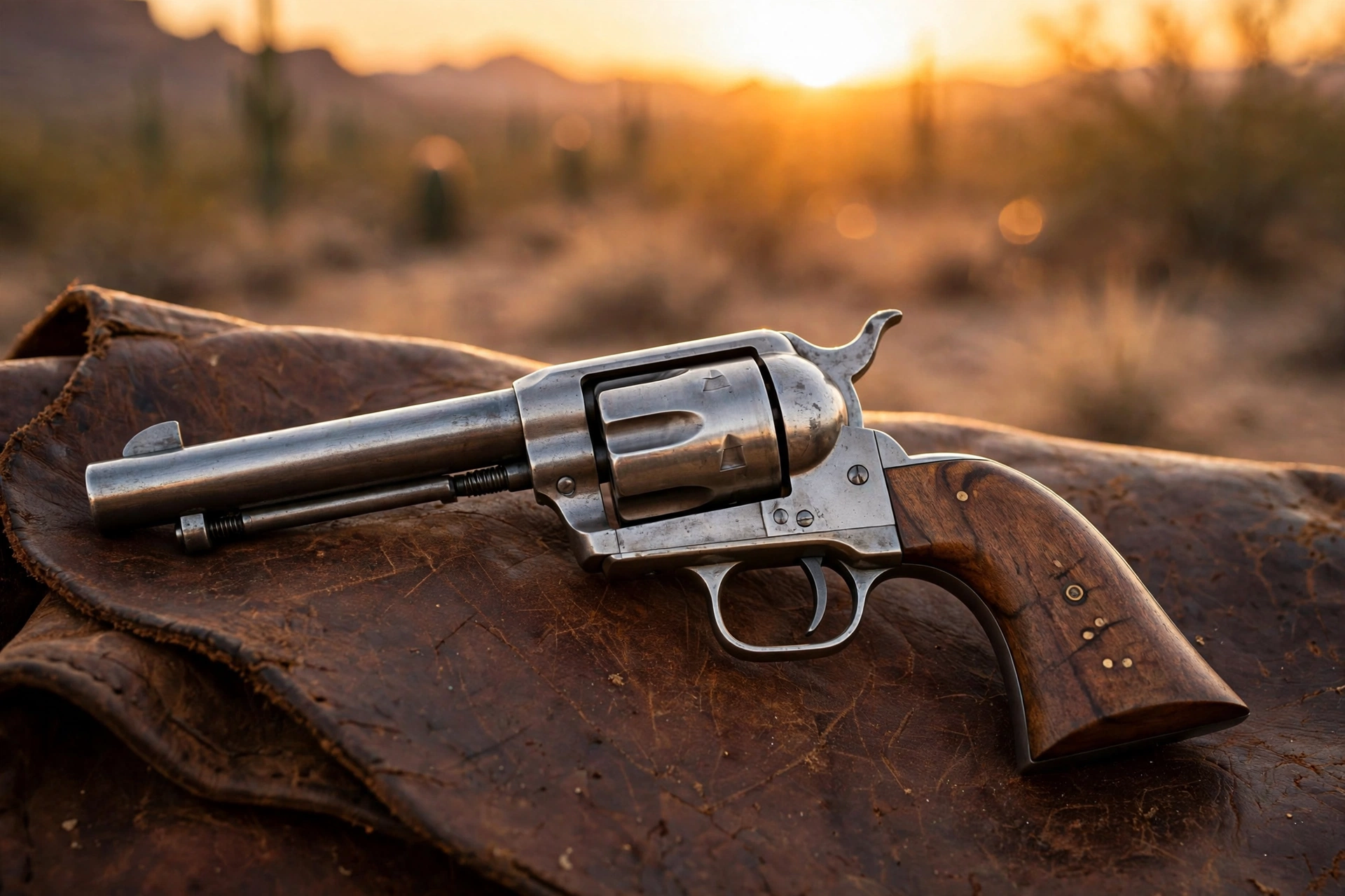 Single-action revolver on worn leather