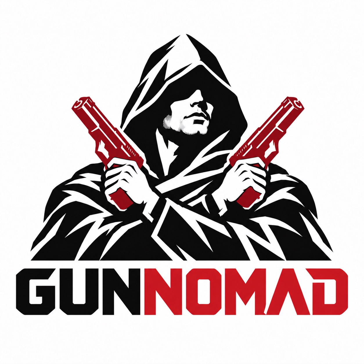 GunNomad logo — hooded nomad with red pistols